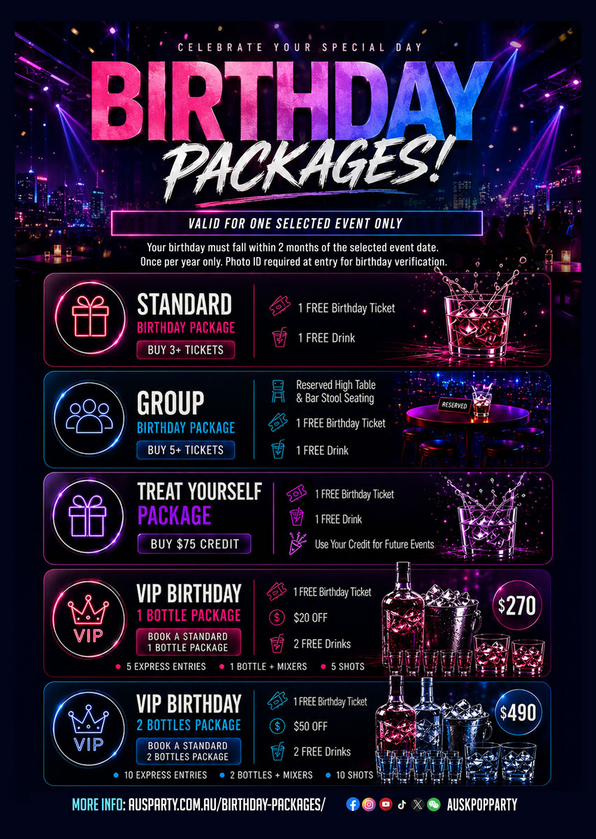 Aus Party [Melbourne] Birthday Packages with FREE birthday ticket, complimentary drinks, reserved seating, VIP bottle packages & express entry