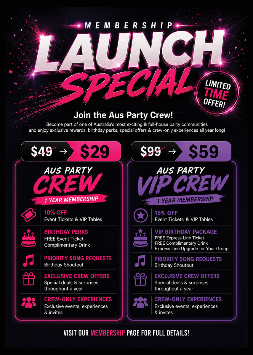 Australia Party & Events 1-Year Membership launch special with Crew and VIP Crew discounts, birthday perks, ticket savings and exclusive member benefits